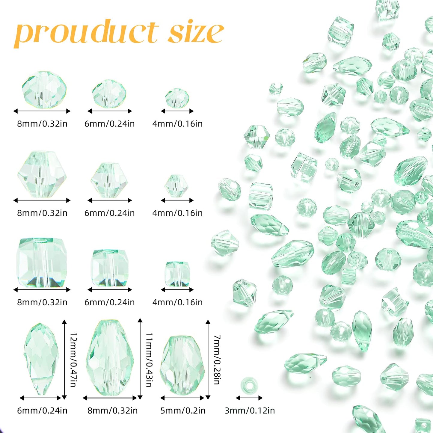 Laopottbeads 1500 Pcs Crystal Glass Beads for Jewelry Making – 12 Styles Bicone, Rondelle, Cube, Teardrop & 3mm Spacer Beads, DIY Bracelet Necklace Earring Craft Kit(Peppermint Green)
