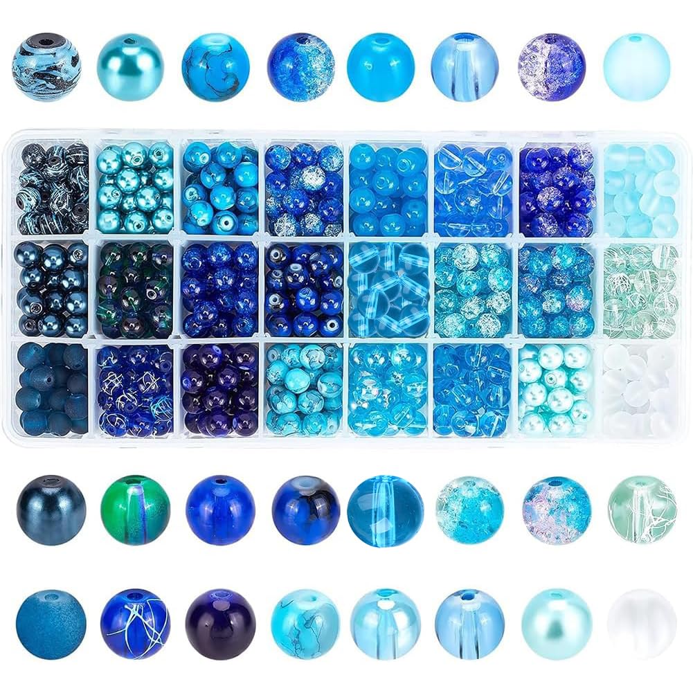 PH PandaHall 720pcs 8mm Blue Beads for Jewelry Making Glass Beads 24 Color Bracelet Bead Round Craft Loose Bead for Bracelets Necklaces Earring Summer Hawaii Boho Heshi Surfer Wave Jewelry Making