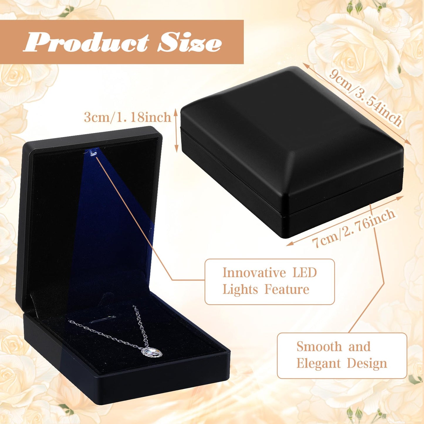 Landical 10 Pcs Pendant Necklace Box with LED Light Velvet Necklace Case for Pendant Bracelet Ring Earring, Jewelry Storage(Black)