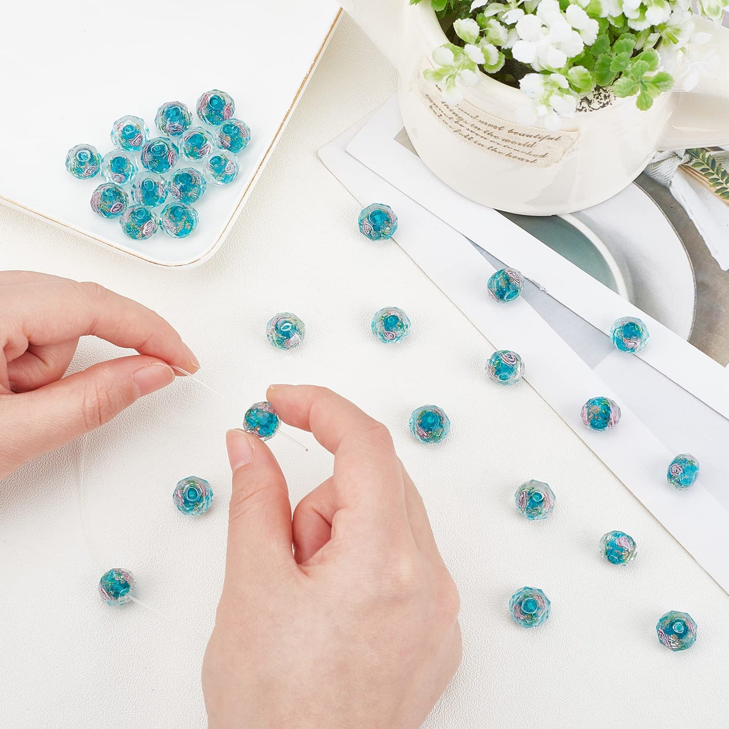 PH PandaHall 45pcs 9~12mm Gold Sand Lampwork Beads Glass Handmade Round Loose Beads for Rosary Making Jewelry Craft Making with 2mm Hole - Dodger Blue