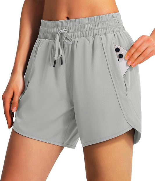 Ksmien Women's 5" Athletic Running Shorts Quick Dry Lightweight Workout Gym Shorts with Zipper Pockets UPF 50+