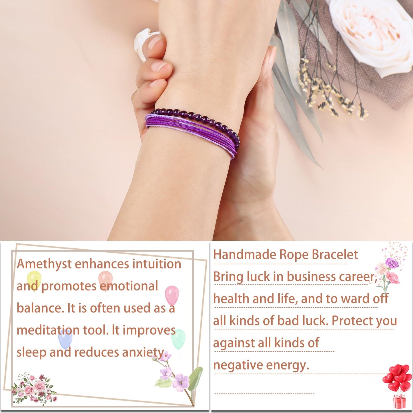 LPBeads 4mm Purple Amethyst Bracelet with Handmade Rope Bracelet Size Adjustable Natural Stone Crystal Healing Bracelets Gifts for Unisex Adults