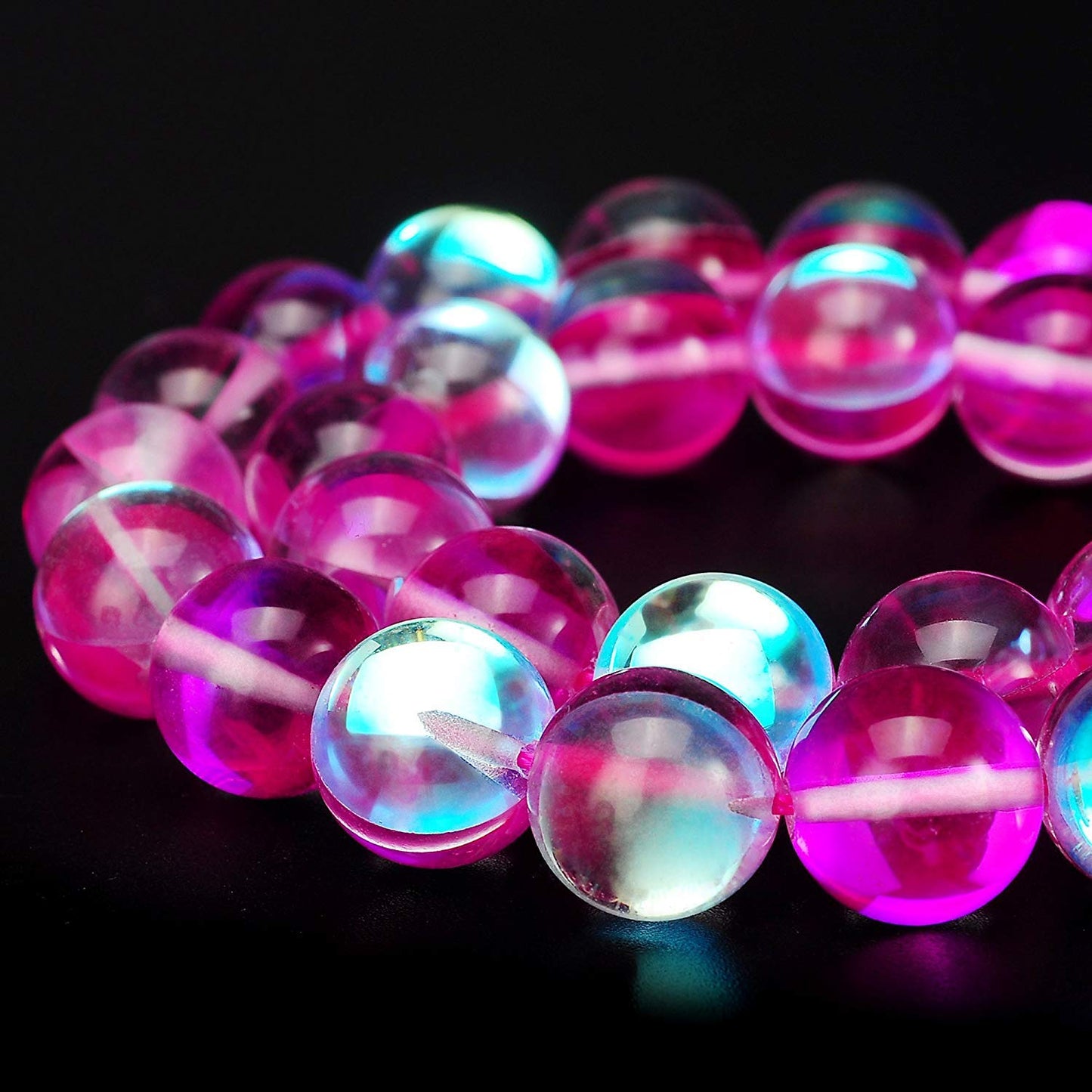 RUBYCA Round Moonstone Crystal Glass Beads Aura Iridescent for Jewelry Making (1 Strand, 12mm, Pink)