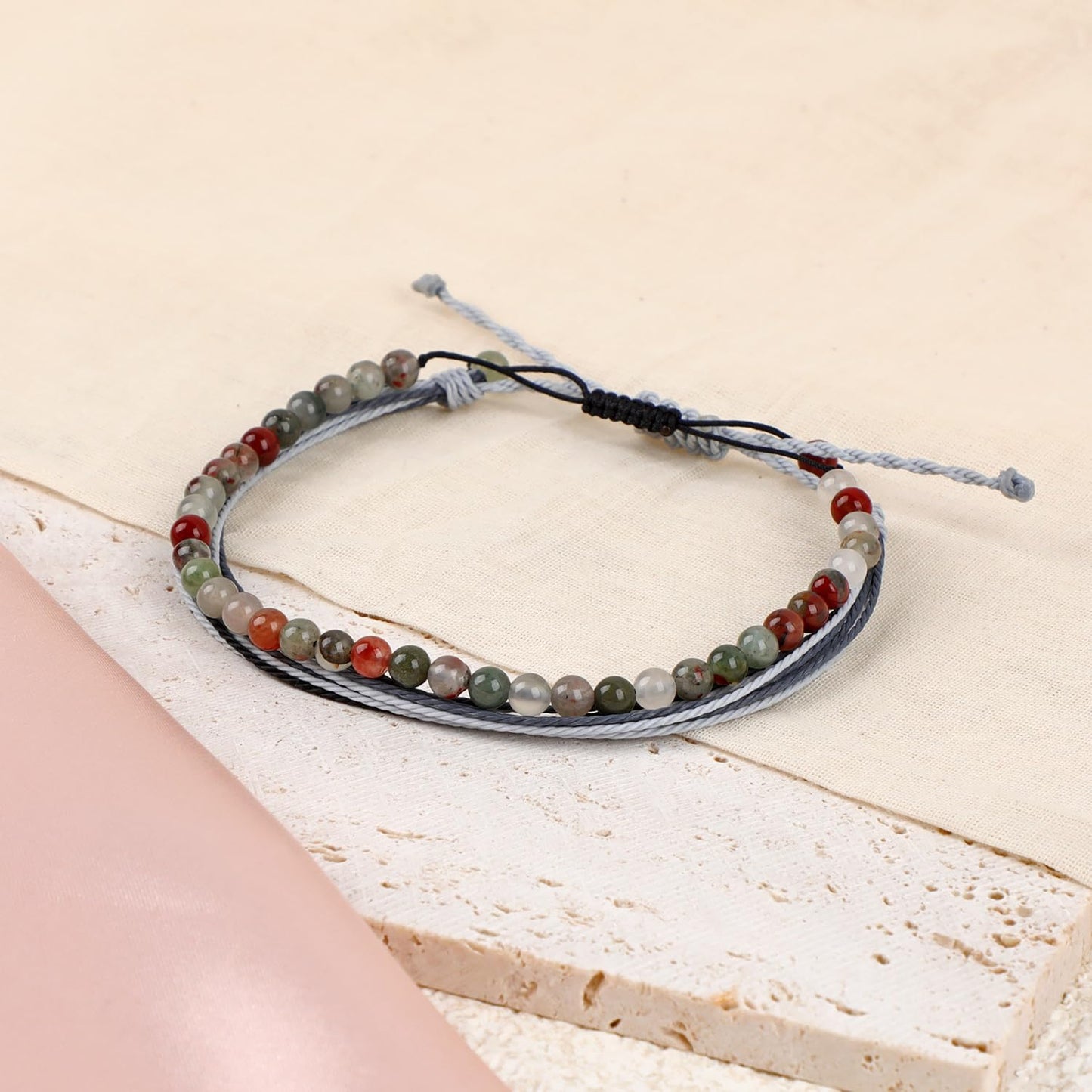 LPBeads 4mm African Bloodstone Bracelet with Handmade Rope Bracelet Size Adjustable Natural Stone Crystal Healing Bracelets Gifts for Unisex Adults
