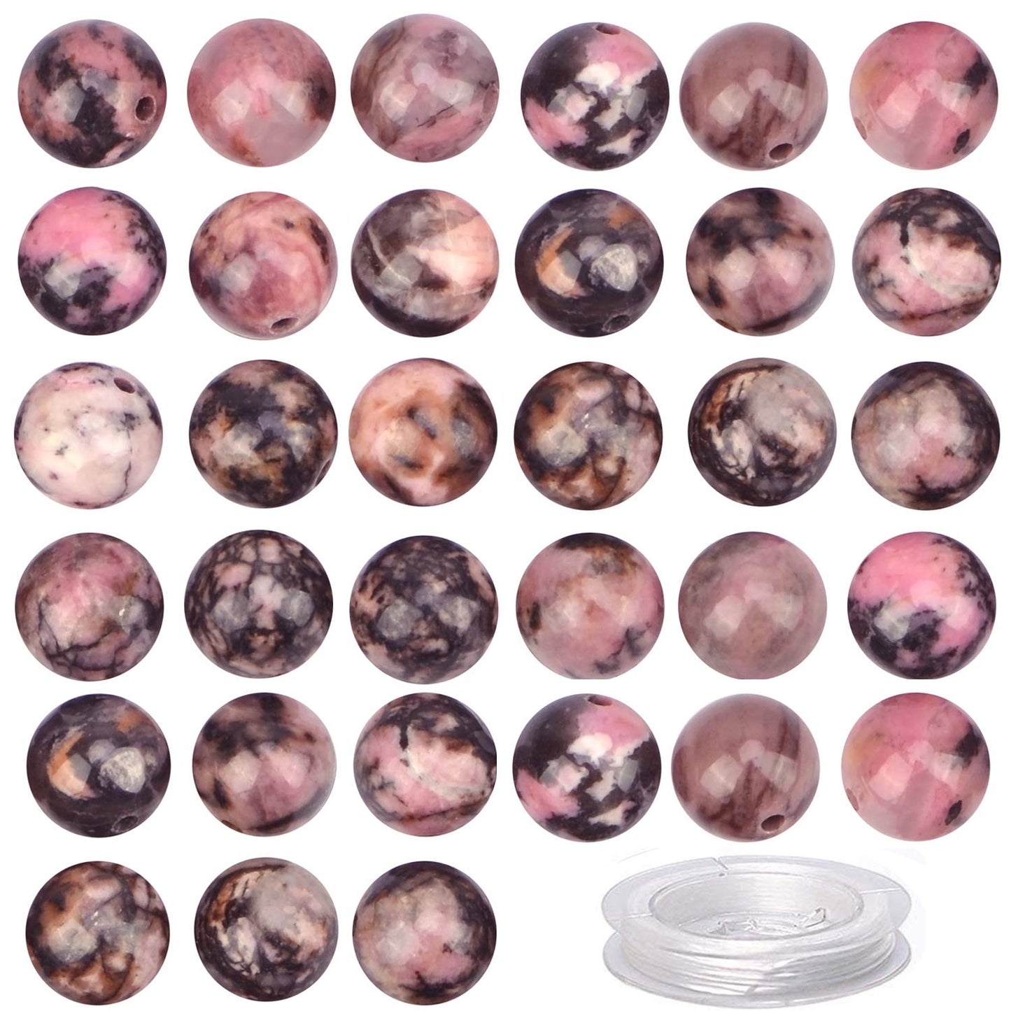 100PCS Gorgeous Black Stripe Rhodonite Natural Gemstone Loose Beads 8mm Smooth Round DIY Bracelet Necklace for Jewelry Making (Pink Black Rhodonite, 8MM)