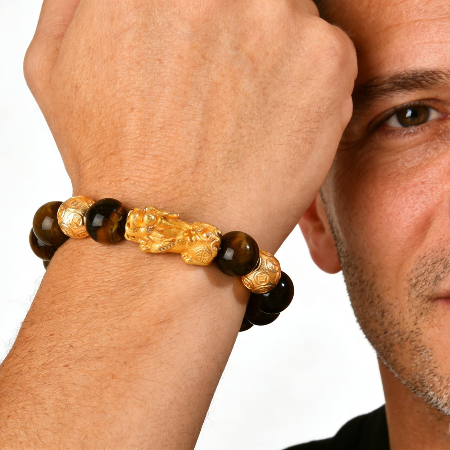 FYXOTI 12mm Tigers Eye Beaded Bracelets for Women Men,Pixiu Feng Shui Good Luck Protection Bracelet Elastic Stretch Wealth Jewelry for Wrist 6-8 Inches