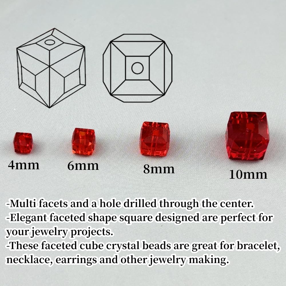 YUEXIGO 100pcs 6mm Cube Crystal Glass Beads for Jewelry Making Faceted Square Crystal Glass Bead Spacer Beads Loose Beads for Bracelet Earring Necklace DIY Craft(Red)