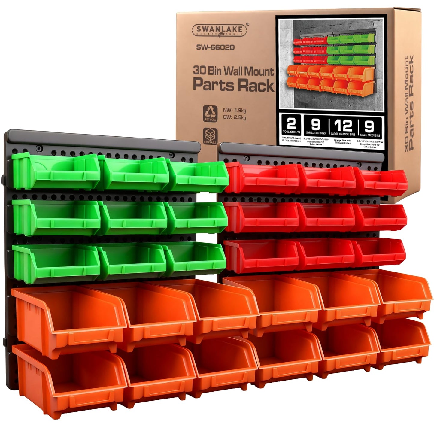 SWANLAKE GARDEN TOOLS 30-Bin Wall-Mounted Storage Bins, Heavy-Duty Garage Tool Organizer for Screws, Nuts, Bolts, Nails, Small Hardware Parts - Easy Installation and Customizable