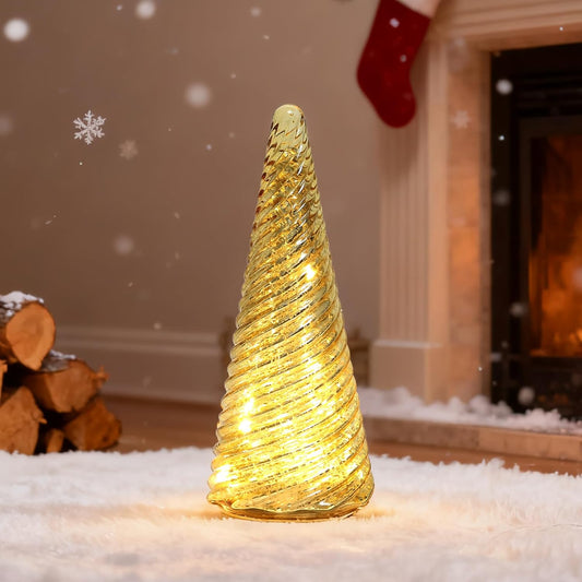 Regine Switzerland Glass Christmas Tree Decorations - Mercury LED Light Tabletop Decor | Battery Operated Night Lights with Timer for Home Festivities