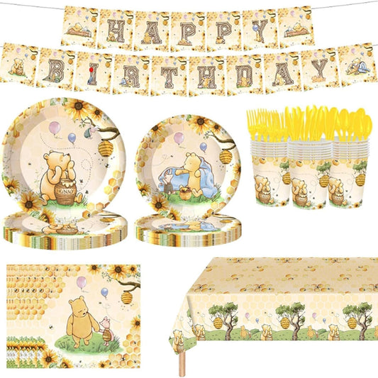 WISSLERMER 142pcs Classic Bear Baby Shower Decorations Baby Shower Party Tableware with Plates, Napkin, Forks, Cups Banner And Tablecloth for Birthday Party Supplies Set Serves 20 Guests (Yellow)