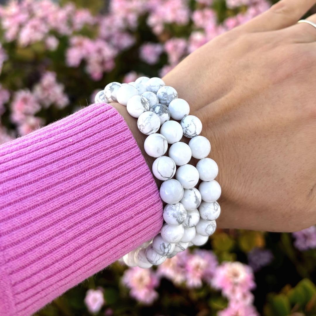 Adabele 1pc Real Natural White Howlite Gemstone Beaded Bracelet 7 inch Stretch Chakra Healing Crystal Stone Jewelry Energy Quartz Rock GB8-23