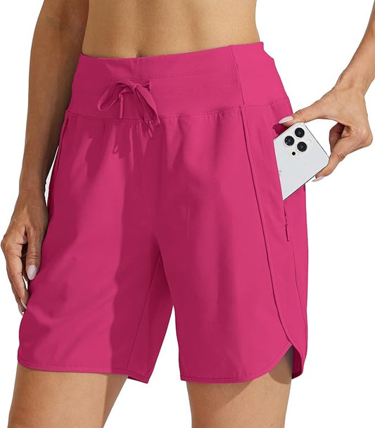 Willit Women's 7" Athletic Running Shorts Long Workout Hiking Shorts Quick Dry High Waisted Active Zipper Pocket(Small)