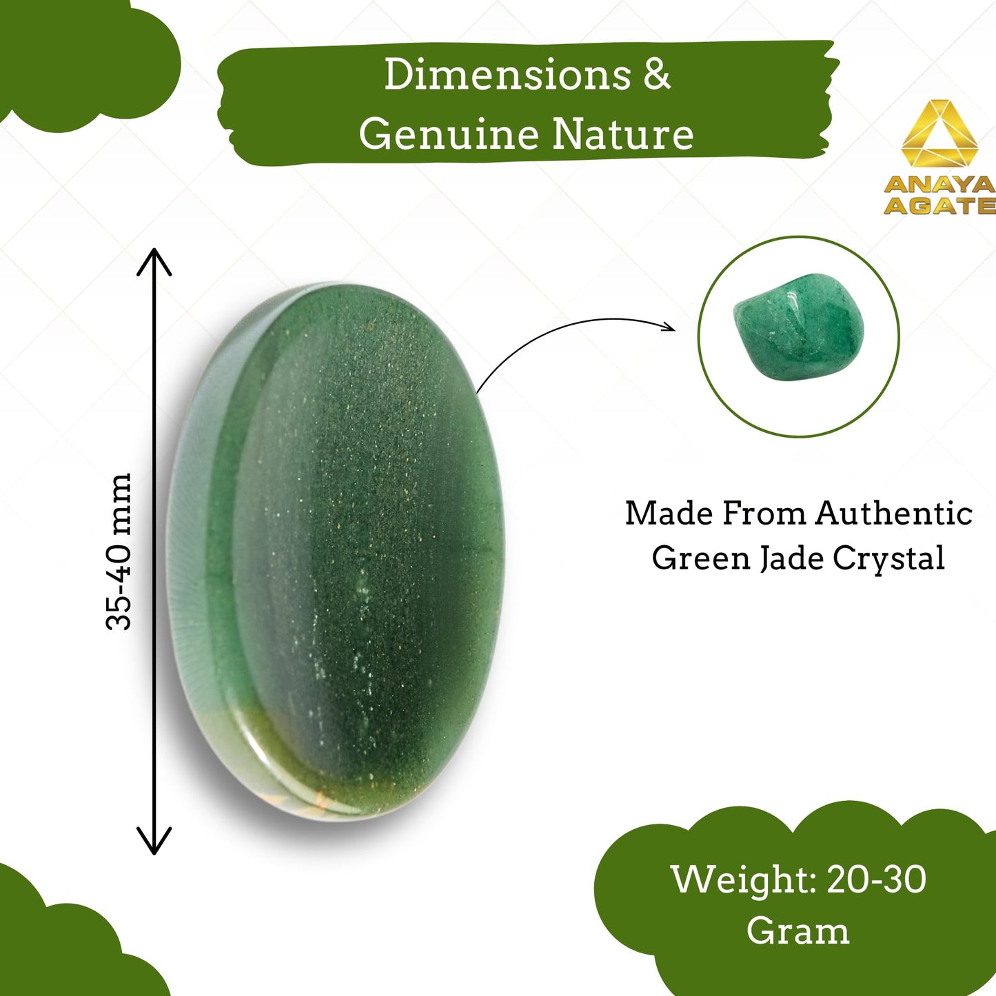 Anaya Agate Green Jade Worry Stone – Certified Crystal Thumb Stone for Anxiety & Stress Relief – Healing Crystal for Meditation, Reiki, Positive Energy & Christmas Gift for Men and Women