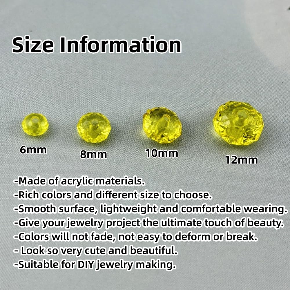 YHYPOCI 100pcs 12mm Acrylic Crystal Beads, Faceted Rondelle Acrylic Spacer Beads for Wind Chimes Bracelet Necklace Earring Keychain Jewelry Making DIY Crafts(Lemon Yellow)