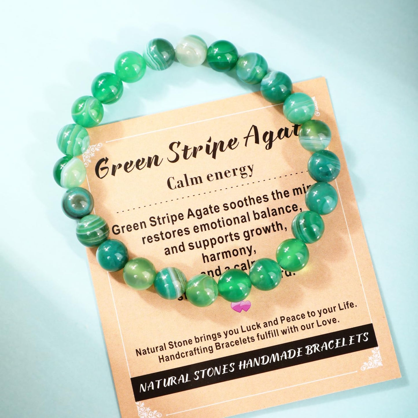 AD Beads 10mm Handmade Green Stripe Agate Elastic Bracelet – Natural Gemstone for Calm energy – Meditation, Yoga, Healing and Energy Gift for Men Women