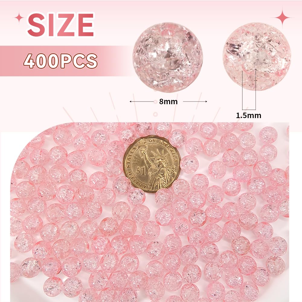 PAMIR TONG 400pcs 8mm Round Glass Beads for Bracelet Pretty Smooth Loose Beads for Necklace-Earring-Jewelry Making and DIY Crafts (Crackle Pink)