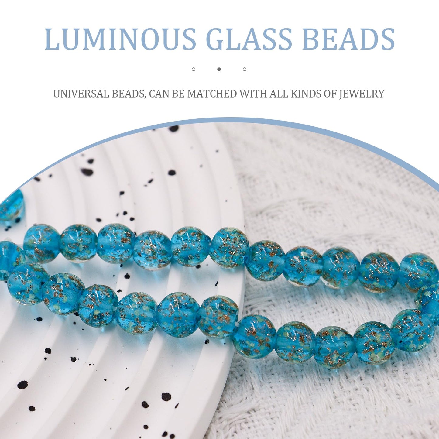 100Pcs Luminous Glass Beads Sky Blue 8mm Round Beads Glow Crystal Loose Beads with Rope for DIY Craft Bracelet Jewelry