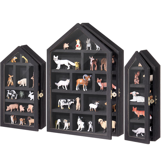 DoubleFill Set of 3 Wooden Trinket Display Shelf Shadow Box with Shelves 10 x 15 Inch Large Wall Mounted Display Storage Mini Figures Curio Trinket Medals Crafts Collections(Black,House Shape)