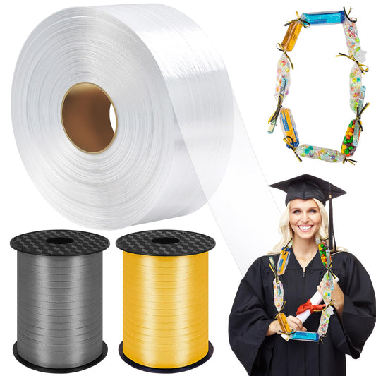 Candy Lei Poly Tubing, 2 Inch x 1000 ft Clear Graduation Candy Lei Making Kit with 2 Rolls 500 YD Ribbon, Clear Shipping Poly Tubing for DIY Graduation Wreaths Packing Snacks