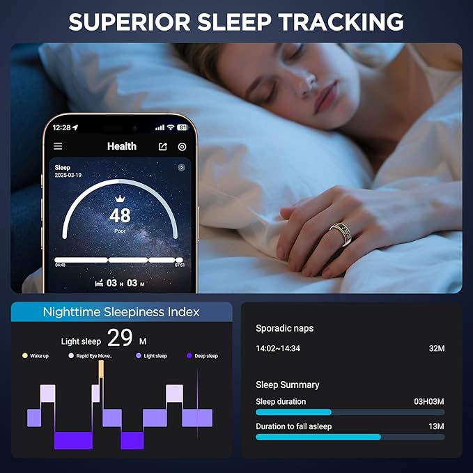 Smart Ring Health Tracker with Display Screen, Sleep Tracker Ring with Heart Rate, Fitness Ring Step tracker for Activity Monitoring/Steps/Calories,Wireless Charging, for iOS Android (Silver,11#)
