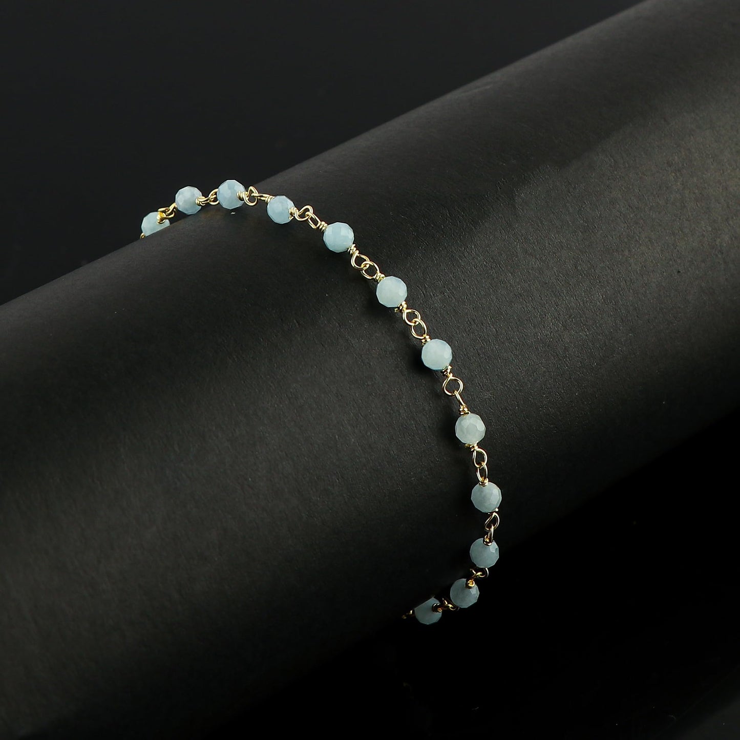 CRYSTALINES Natural Aquamarine Gemstone Rosary Chain Bracelet, 14K Gold Plated, Handmade Jewelry, Wire Wrapped Beads, March Birthstone, Adjustable Chain 8inch, Gift for Women