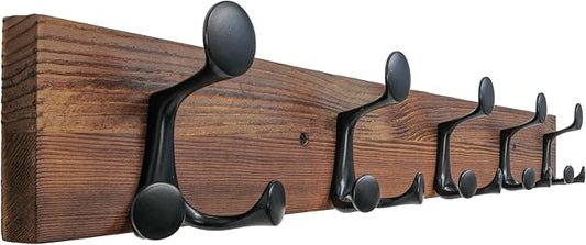 SKOLOO 30-Inch Wood Coat Rack Wall Mount with 5 Triple Hooks - Ideal for Family Entrances, Classrooms, and Pet Supplies Storage - Perfect Coat Hooks for Wall,Charred Golden Brown