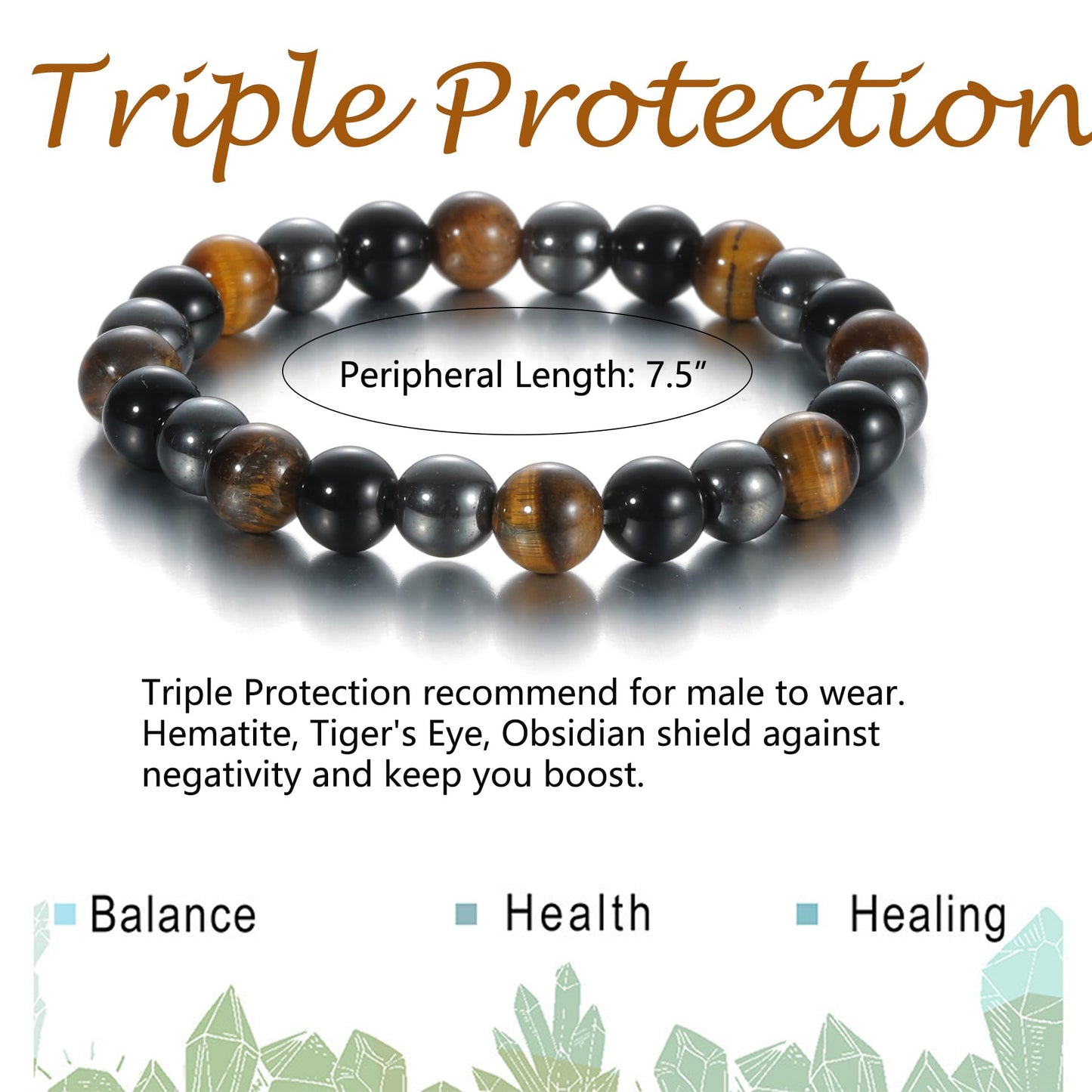 Udolfly Womens Crystal Beaded Bracelets for Women Men Protective Energy Bracelet Natural Gemstone Bead Bracelet 8mm Triple Protect