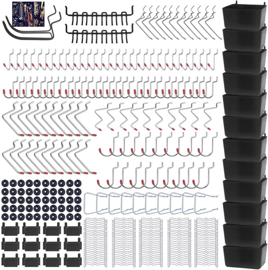 Calax 338PCS Pegboard Hooks Organizer Kit, Fit 1/8 or 1/4 inch Peg Board with Storage Bins, Pegboard Assortment Hooks Accessories Tool Hanging Storage for Garage, Kitchen, Bathroom (338)