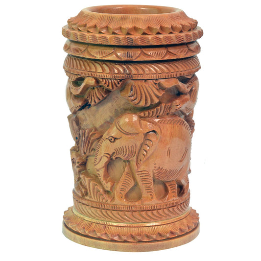 Craft Trade Hand Carved Wooden Pen Holder Desk Organizer, Elephant Design Pencil Holder Cup for Office Home School, Wooden Stationery Storage Box, Desk Decor, Camel Brown
