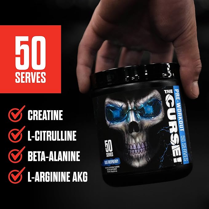 JNX SPORTS The Curse! Pre Workout Powder for Men & Women, Caffeine, Beta-Alanine, Creatine, L-Citrulline, 50 Servings, Blue Raspberry Flavor ??Boost Energy, Strength & Focus