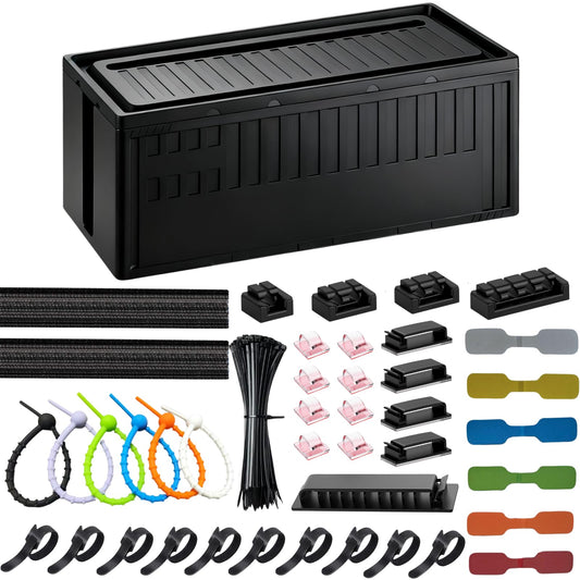 Cable Box - [142Pcs] Cable Management Kit, Medium Cord Hider Box to Conceal Power Strip Holder on Desk or Floor, Under Desk Cable Management Kit Cable Organizer Box, TV Cord Organizer Box, Black