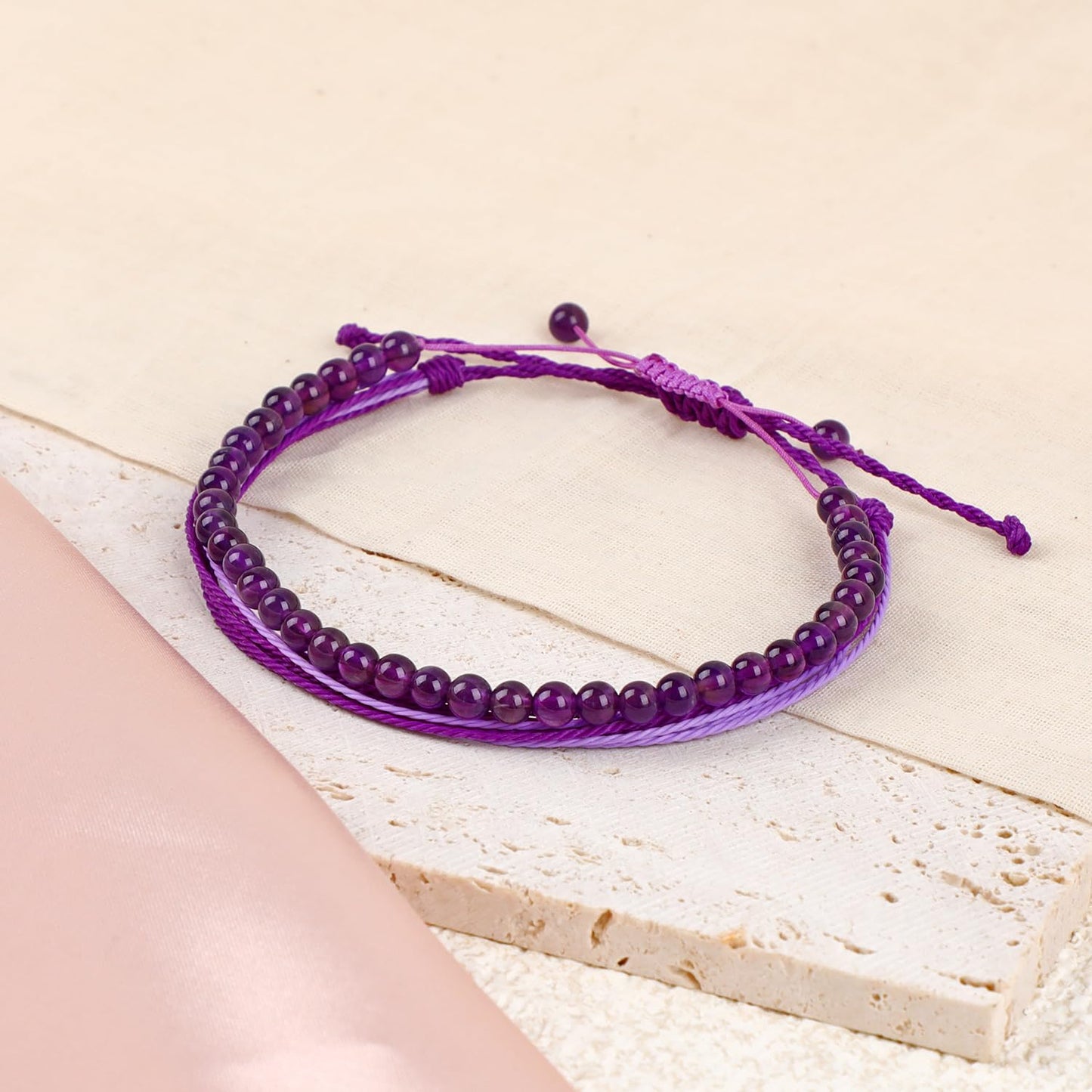 LPBeads 4mm Purple Amethyst Bracelet with Handmade Rope Bracelet Size Adjustable Natural Stone Crystal Healing Bracelets Gifts for Unisex Adults