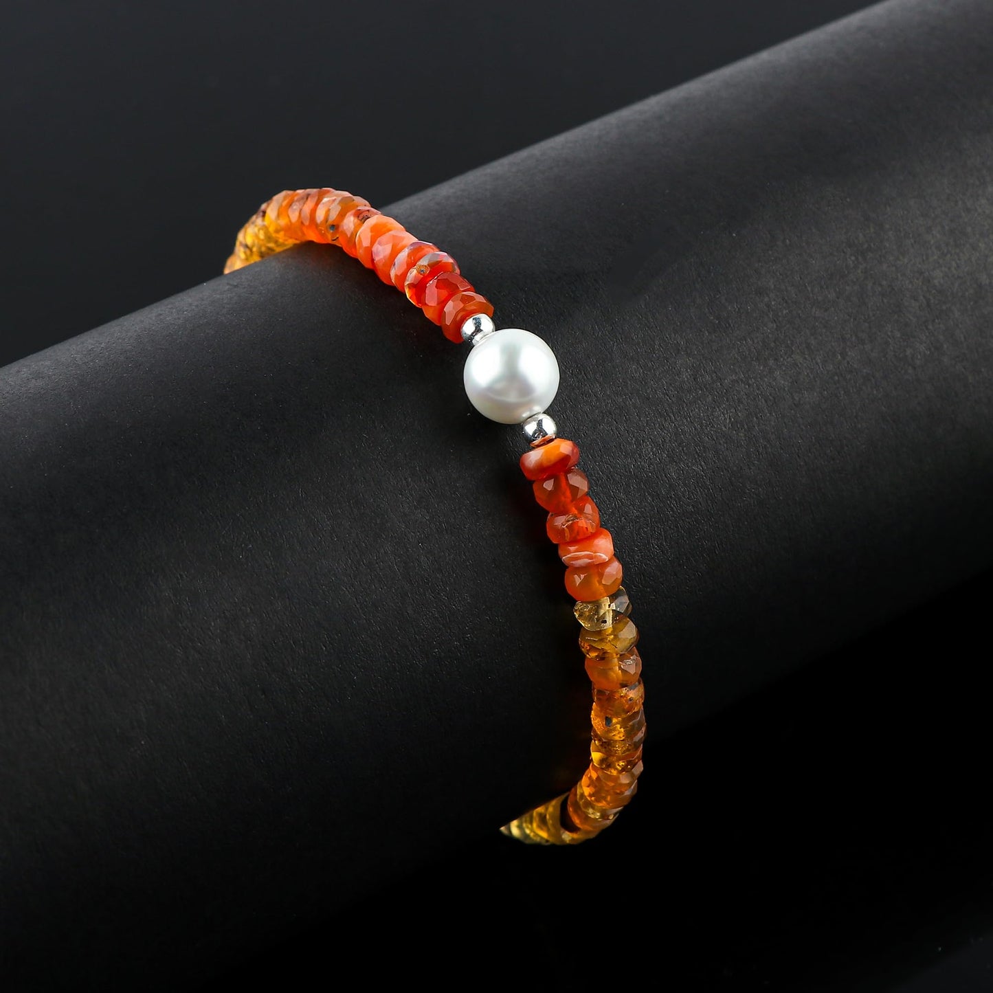 CRYSTALINES Natural Fire Opal Gemstones Beads Bolo Bracelets with Pearl, Handmade, Beaded Crystals Jewelry, Women Bracelet, Real Mexican Opal Stones, Silver Plated, Adjustable Slider Chain-10inch