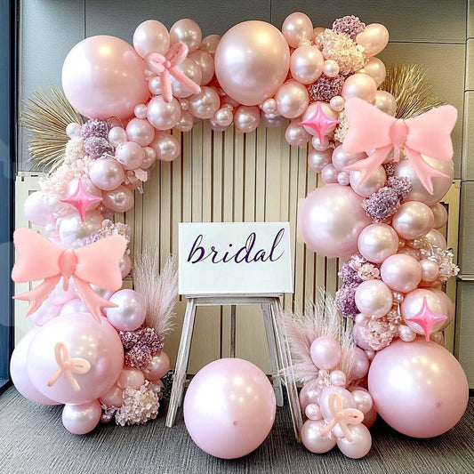 Skiennix Pearl Pink Balloon Arch - Light Pink Foil Bow & Star Balloons for Birthday & Baby Showers