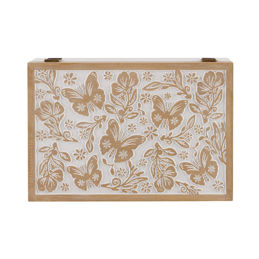 Synovana Wooden Keepsake Box - Decorative Wood Boxes with Hinged Lid, Butterfly Engraved Design, 10.24" W