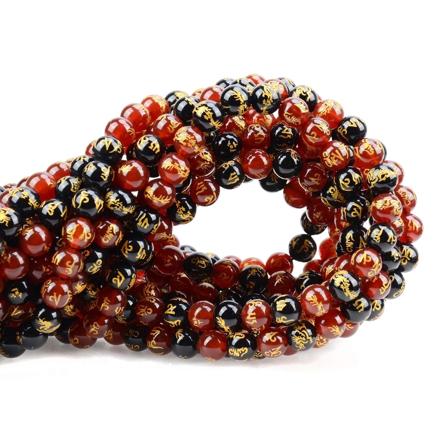 80Pcs Natural Crystal Beads Stone Gemstone Round Loose Energy Healing Beads with Free Crystal Stretch Cord for Jewelry Making (Craved Dragon Mantra Red Black Agate, 10mm)