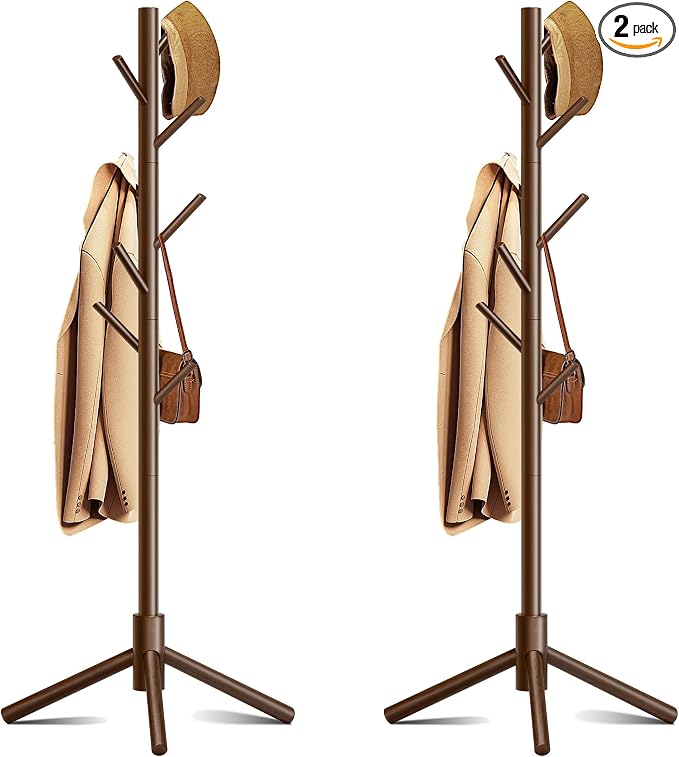 Coat Rack, Coat Racks Freestanding with 8 Hooks 3 Adjustable Heights for Clothes, Hats, Handbags, Coat Tree Easy Assembly for Entryway, Bedroom, Hallway, Office(Brown 2PCS)