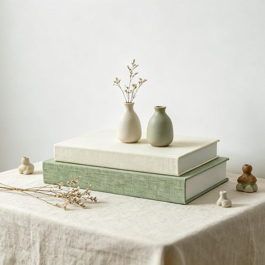 NSdawali Decorative Books Set of 2 Linen Fabric Faux Storage Fake Book Boxes Coffee Table Books Decor Aesthetic for Home Office Entryway Bookshelf Mantel Decoration Photo Storage Box (Sage and White)