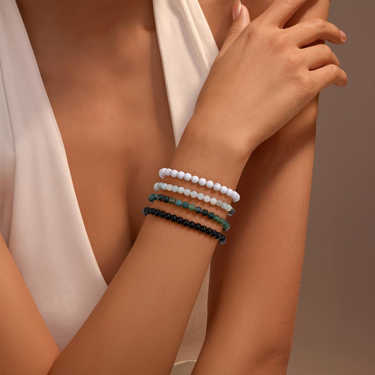 Vinswet Healing Crystal Bracelets for Women Men 4mm Moss Agate Natural Stone Beaded Stretch Bracelet Handmade Gemstone Reiki Spiritual Jewelry Gifts