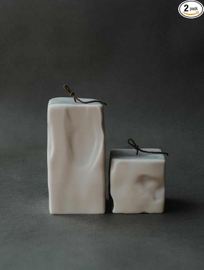 LAWA Raw Block Set of 2 Candle - Beautiful Handmade Pillar Scented Soy Wax Elegant Aesthetic Candle Housewarming Gift Home Room Shelf Decor Idea (Light Beige, Set of 2)