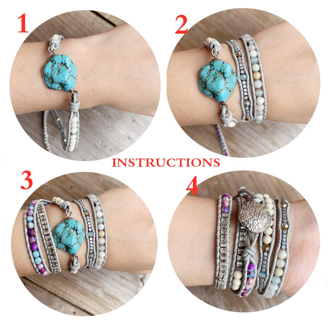 YGLINE Handmade Wrap Bracelet Turquoise, Jasper & Amazonite Natural Stones Leather Charm 5 Strands Boho Bracelet