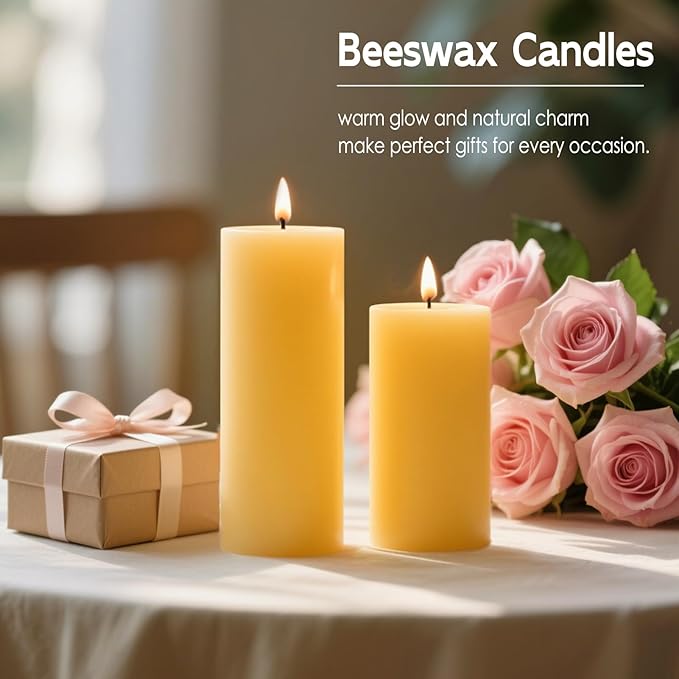 2x5 Inch Beeswax Candles, 4 Packs, 100% Natural Beeswax Pillar Candles, 52 Hours Burn Time, Pure Emergency Candle Long Burning for Home Decor, Gift Sending, Smokeless & Dripless