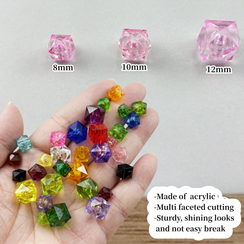 200pcs 10mm Acrylic Cube Square Faceted Acrylic Beads with Hole Plastic Spacer Beads for Bracelets Necklace Earring Making Supplies (Pink)