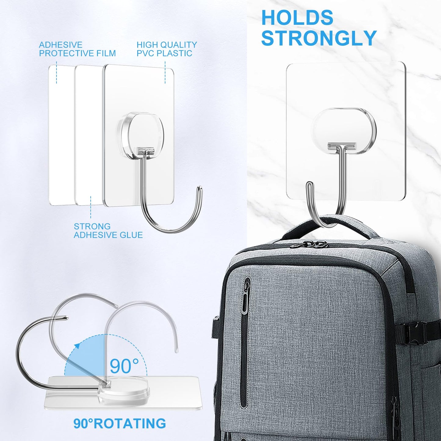 JINSHUNFA Adhesive Wall Hooks 13LB Heavy Duty No Drill Large Transparent Waterproof Hooks for Bathroom Kitchen Towel Coat 8 Pack