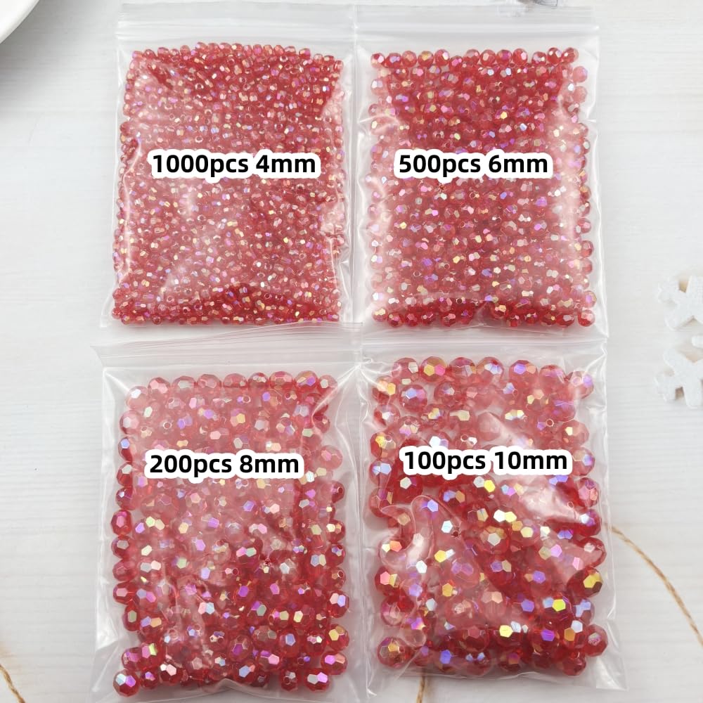 Pinhoollgo 1800pcs Acrylic Faceted Round Beads 4mm 6mm 8mm 10mm AB Colors Glossy Acrylic Round Spacer Beads with Hole for DIY Bracelet Necklace Jewelry Making Supplies Handmade Craft(Red AB)