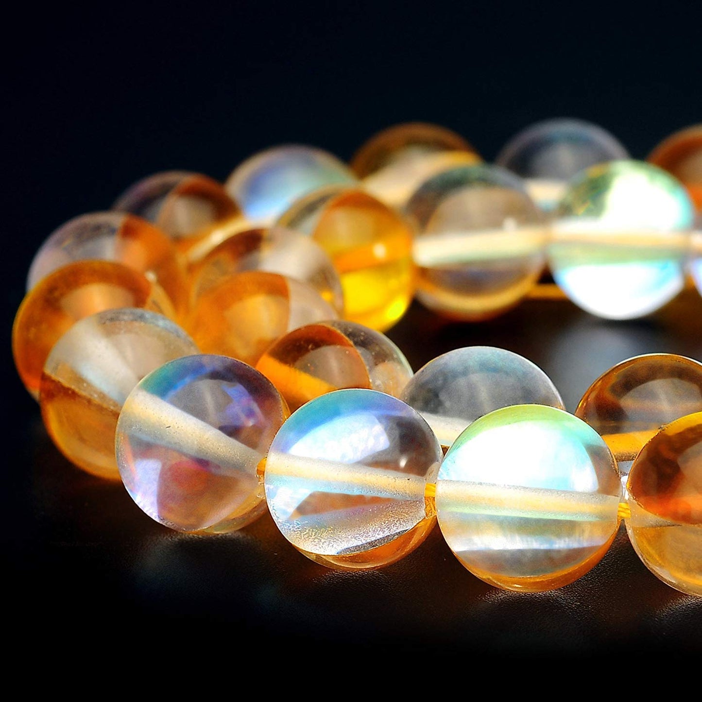RUBYCA Round Moonstone Crystal Glass Beads Aura Iridescent for Jewelry Making (1 Strand, 10mm, Gold)