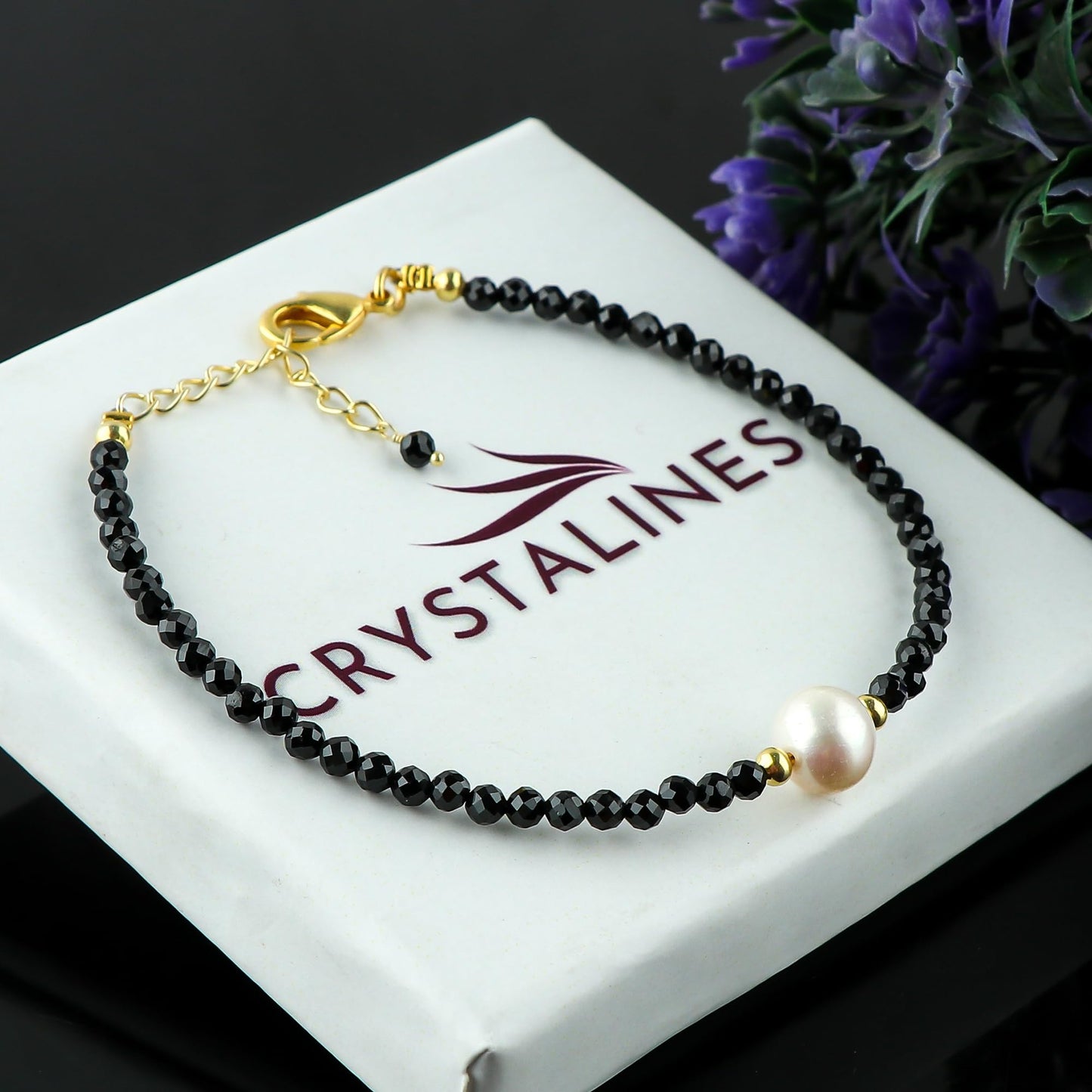 CRYSTALINES Natural Black Tourmaline Gemstone Bracelet, Cultured Pearl Beads Stones, Handmade Hypoallergenic Bohemian Jewelry for Women, Healing Crystals, Adjustable Gold Plated 7+1inch Birthday Gift