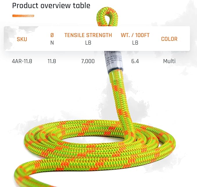 Pelican Rope Arborist Rope 11.8mm x 150Ft, USA Made High-Strength 24-Strands Static Climbing Rope - 7,000 lb Strength for Tree Climbing, Pulling, Outdoors & Swing Made in USA - Viper, Plain End