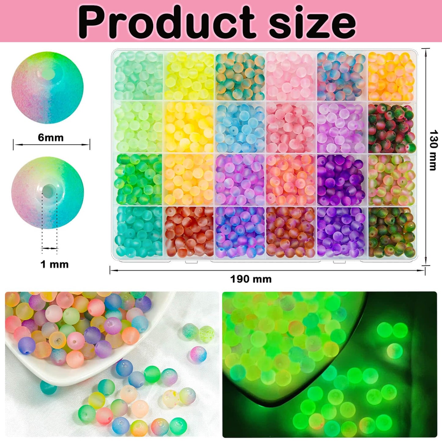 JHYlilia Glow in The Dark Glass Beads for Jewelry Making, 1600Pcs 6MM 24 Grids Crystal Gemstone Beads Round Spacer DIY Craft Bead for Bracelet Necklace Earrings Phone Lanyard Wedding Decor