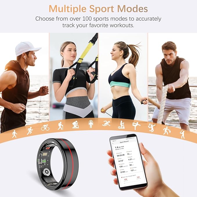 Fit Ring, Smart Health Rings for Women Men with Heart Rate,Blood Oxygen,HRV,Stress Level, Sleep Monitor, Step Tracker, No Subscription Fee, IP68 Waterproof Smart Ring for iphone &Android (Black, 7#)